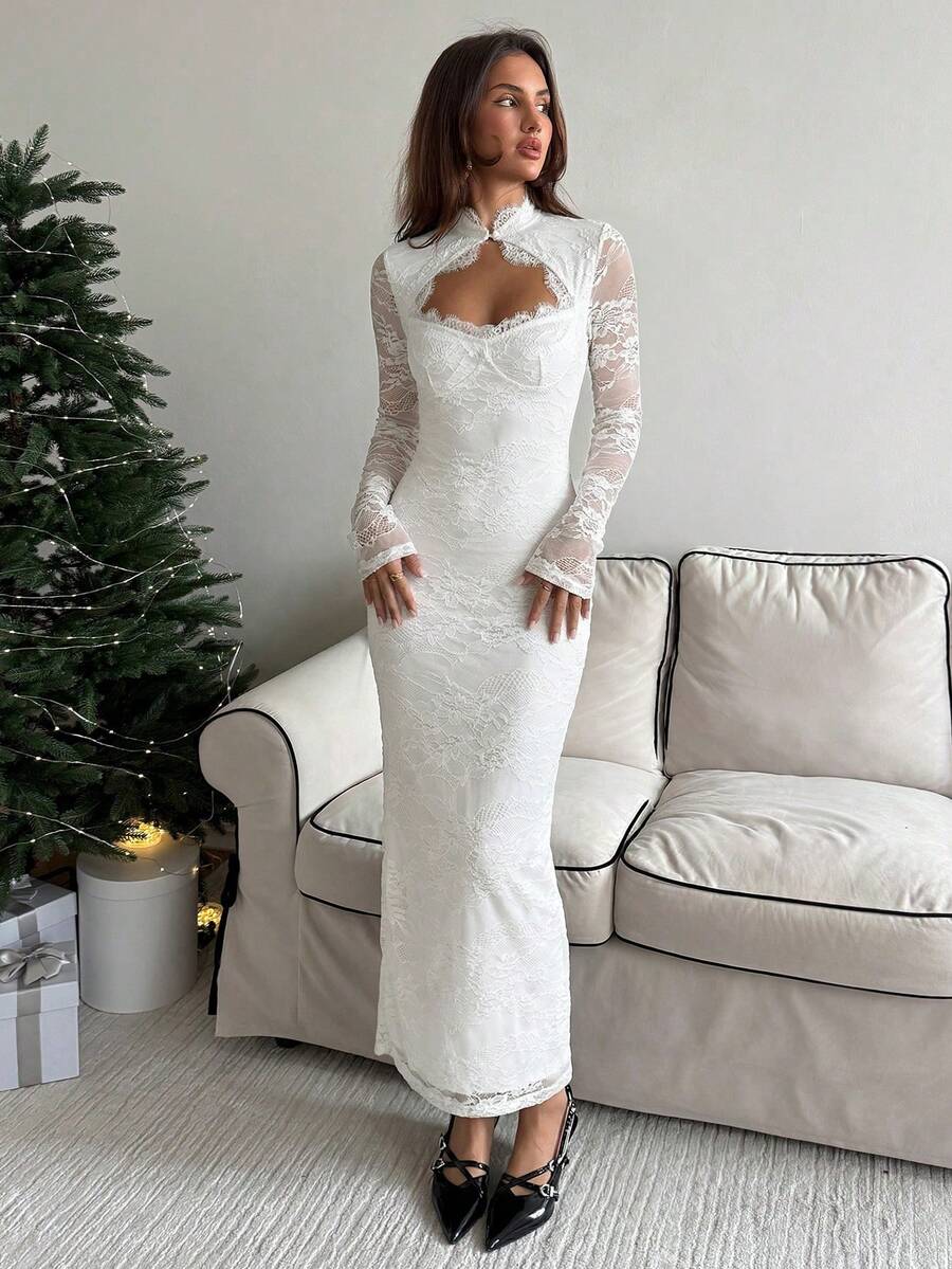 VELOURS - Long Sleeve Lace Bodycon Maxi Dress