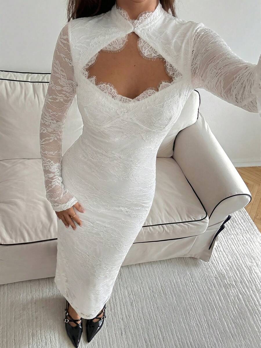 VELOURS - Long Sleeve Lace Bodycon Maxi Dress