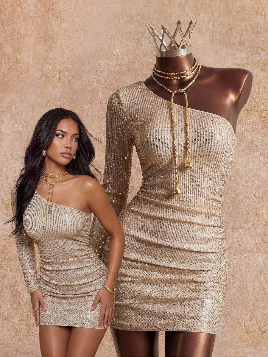 Serévaé – Sequin Asymmetrical Bodycon Mini Dress Champagne