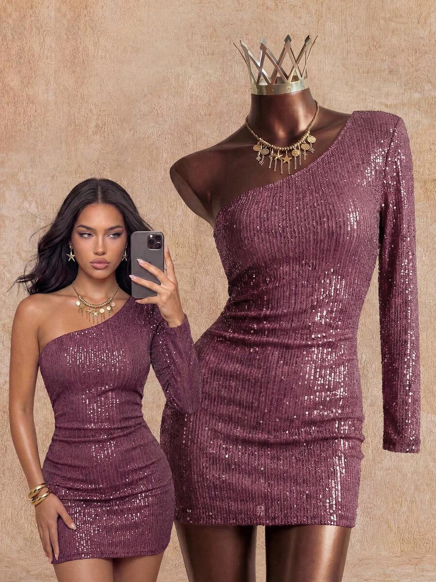 Serévaé – Sequin Asymmetrical Bodycon Mini Dress Red