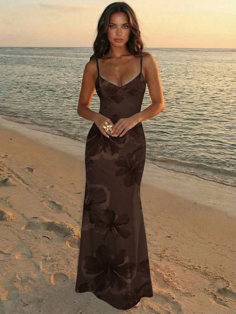SOLARA - Floral Bodycon Maxi Dress Chocolate Brown