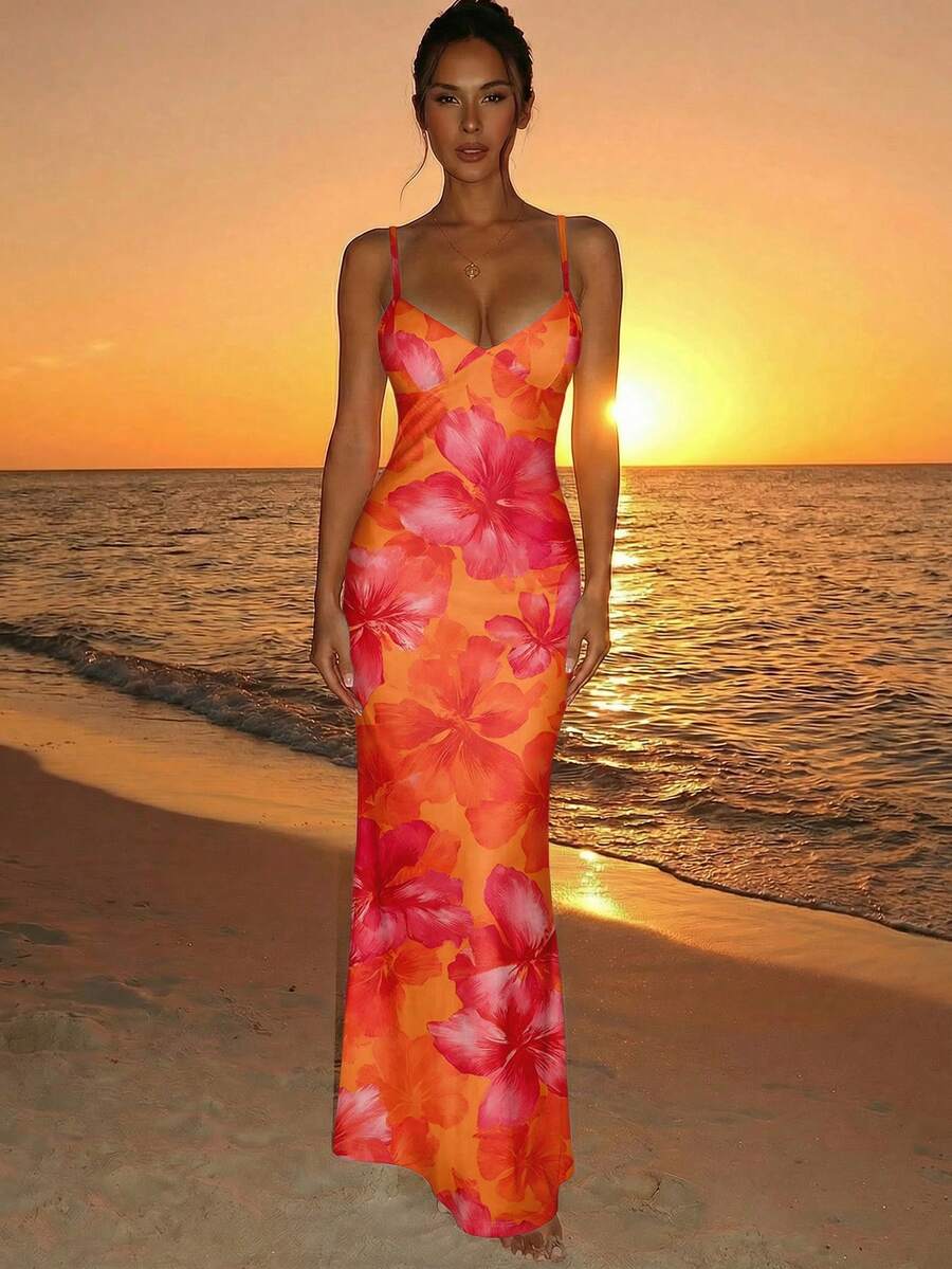 SOLARA - Floral Bodycon Maxi Dress Orange
