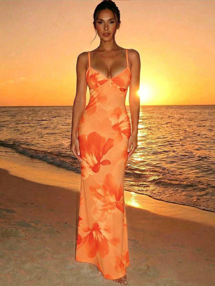 AZURA - Printed Cami Bodycon Maxi Dress Orange_6