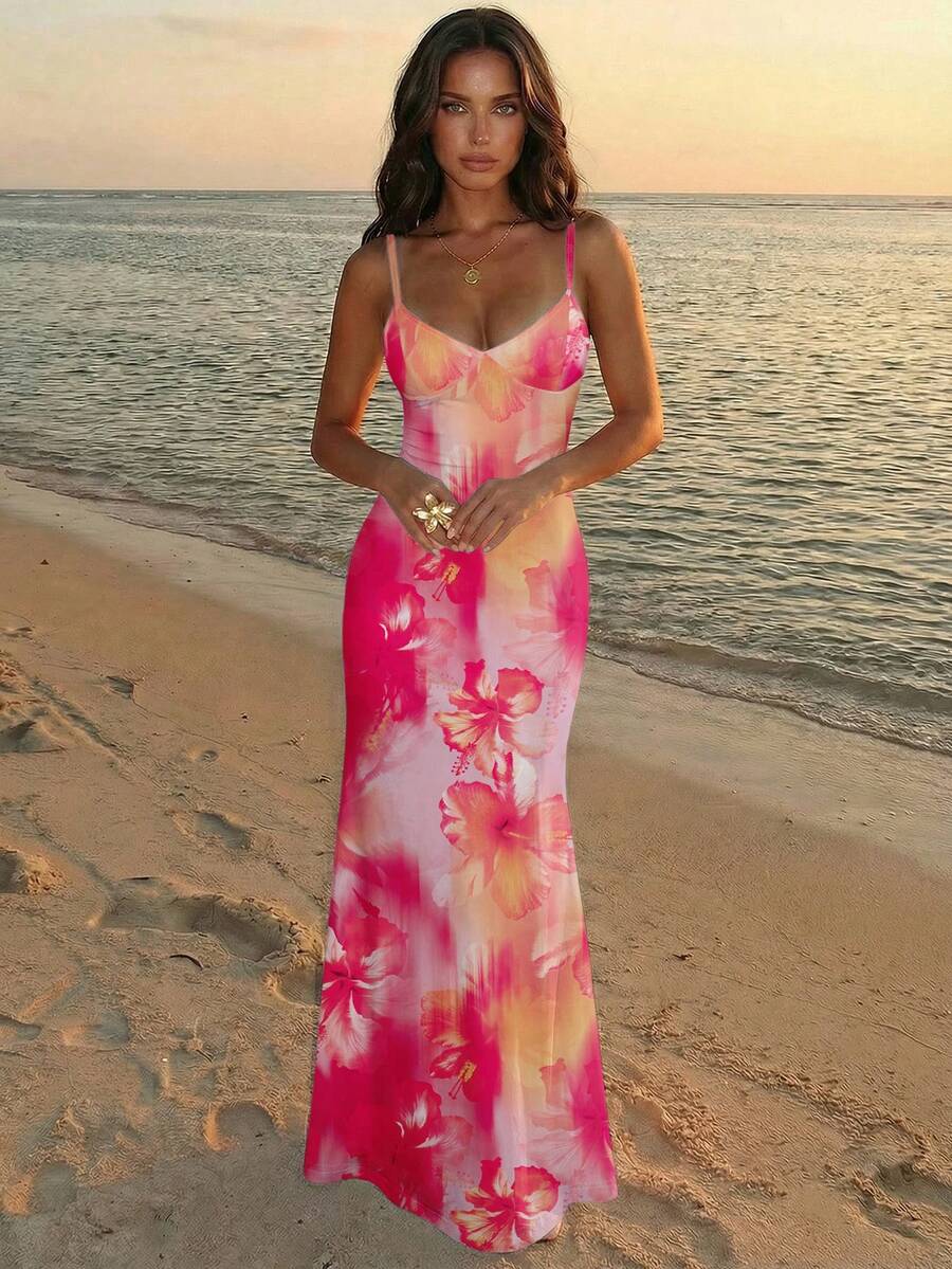 AZURA - Printed Cami Bodycon Maxi Dress Pink_1