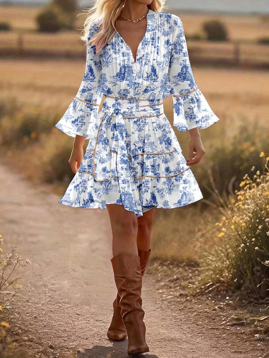 ROSELLE - Flare Sleeve Fit and Flare Mini Dress