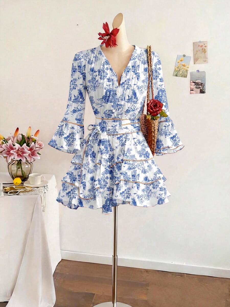 ROSELLE - Flare Sleeve Fit and Flare Mini Dress