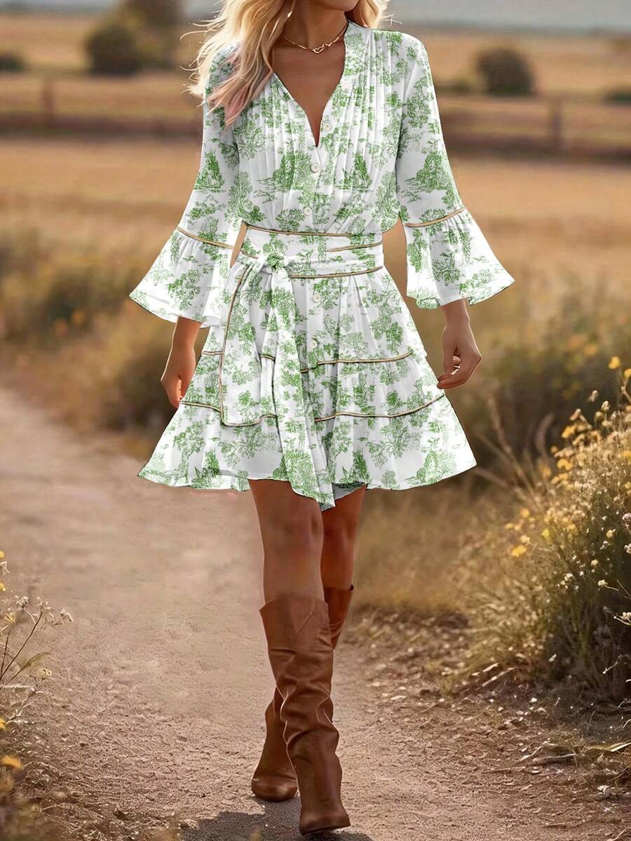 ROSELLE - Flare Sleeve Fit and Flare Mini Dress